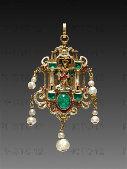 Pendant with Saint John the Evangelist (reverse), late 1500s. Italy, late 16th century. Enameled gold with pearls and emeralds; overall: 7.3 cm (2 7/8 in.).