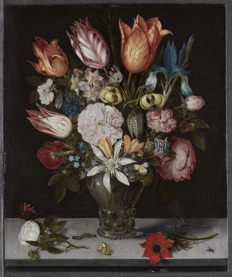 Flowers in a Glass, 1606. Ambrosius Bosschaert (Dutch, 1573-1621). Oil on copper; framed: 60.3 x 52.8 x 6.4 cm (23 3/4 x 20 13/16 x 2 1/2 in.); unframed: 35.6 x 29.3 cm (14 x 11 9/16 in.).