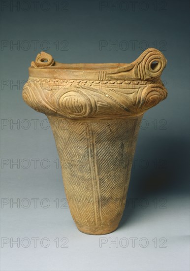 Urn (kame), c. 2000 BC. Japan, Middle Jomon Period (c. 10,500-c. 300 BC). Earthenware, terracotta, impressed and incised; diameter: 33 cm (13 in.); overall: 39.4 cm (15 1/2 in.).