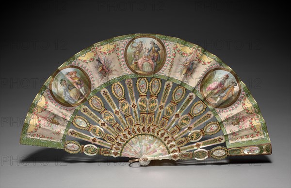 Fan, c. 1850-1870. Marie Gallois (French), Tiffany & Co. (American, est. 1837). Leaf:  gouache on paper; sticks and guards: mother-of-pearl; pivot: gold; overall: 24.2 cm (9 1/2 in.); spread: 46.1 cm (18 1/8 in.).