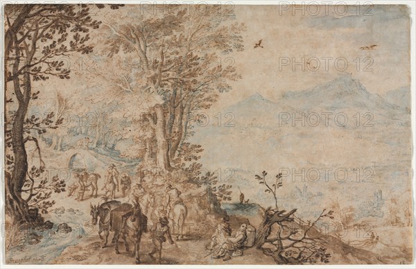 Landscape with Travelers, 1605. Jan Brueghel (Flemish, 1568-1625). Pen and brown ink and brush and brown wash and blue watercolor over stylus; sheet: 19.9 x 31 cm (7 13/16 x 12 3/16 in.).