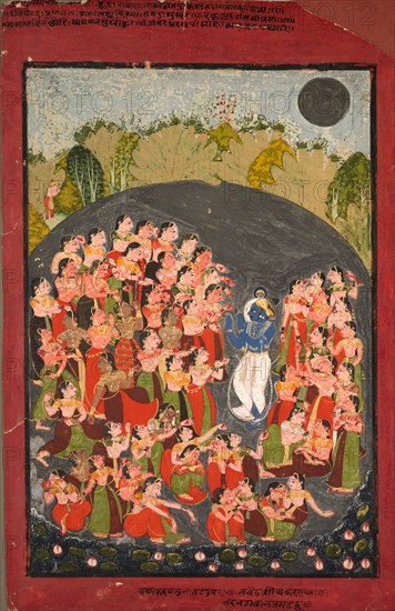 Krishna and the Gopis Gather for Rasamandala, c. 1720-1730. India, Rajasthan, Kota, 18th century. Color on paper; image: 41.5 x 28.5 cm (16 5/16 x 11 1/4 in.); overall: 50 x 32.5 cm (19 11/16 x 12 13/16 in.).