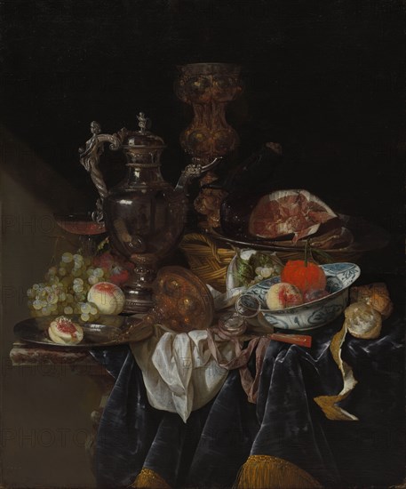 Silver Wine Jug, Ham, and Fruit, c. 1660-1666. Abraham van Beyeren (Dutch, 1620/21-1690). Oil on canvas; framed: 124.5 x 108 x 8.5 cm (49 x 42 1/2 x 3 3/8 in.); unframed: 99.7 x 82.6 cm (39 1/4 x 32 1/2 in.).