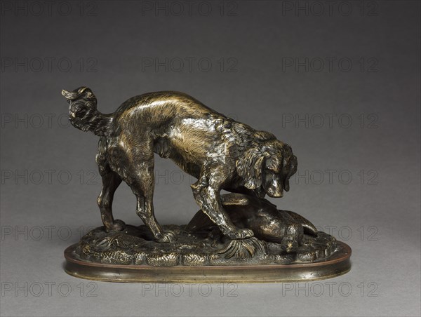 Spaniel and Duck, c.1830 - 1875. Antoine-Louis Barye (French, 1796-1875). Bronze; overall: 14.9 x 22.8 x 15.3 cm (5 7/8 x 9 x 6 in.)