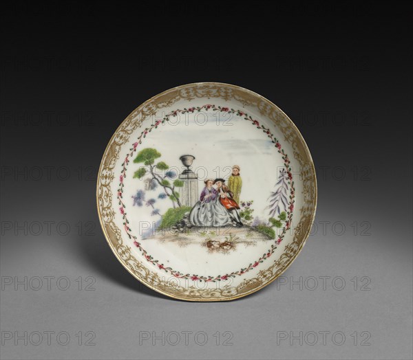 Saucer with Scene in style of Watteau, c. 1750-1760. China, Chinese Export -- Continental Market, 18th century. Porcelain; diameter: 12.6 cm (4 15/16 in.).