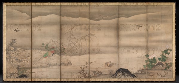 Birds and Flowers in a Landscape of the Four Seasons, second half of the 1500s. Follower of Sesshu Toyo (Japanese, 1420-1506). Six-panel folding screen, ink and color on paper; image: 158.5 x 359.4 cm (62 3/8 x 141 1/2 in.); panel: 62.8 cm (24 3/4 in.); including mounting: 174.6 x 281 cm (68 3/4 x 110 5/8 in.).