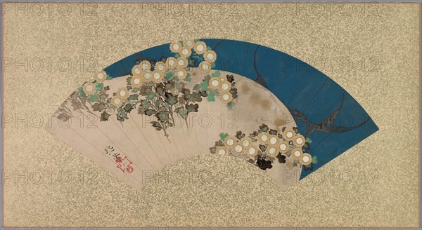 Chrysanthemums by the Water, 1761-1828. Sakai Hoitsu (Japanese, 1761-1828). Fan painting: ink, color, and gold on paper; image: 19 cm (7 1/2 in.); chord: 55.2 cm (21 3/4 in.).