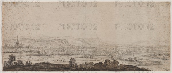 Landscape with the Village of Schenkenschanz, Gelderland, 1600s. Herman Saftleven (Dutch, 1609-1685). Black chalk and brush and brown wash; framing lines in graphite (top) and black ink; sheet: 51.2 x 21 cm (20 3/16 x 8 1/4 in.)