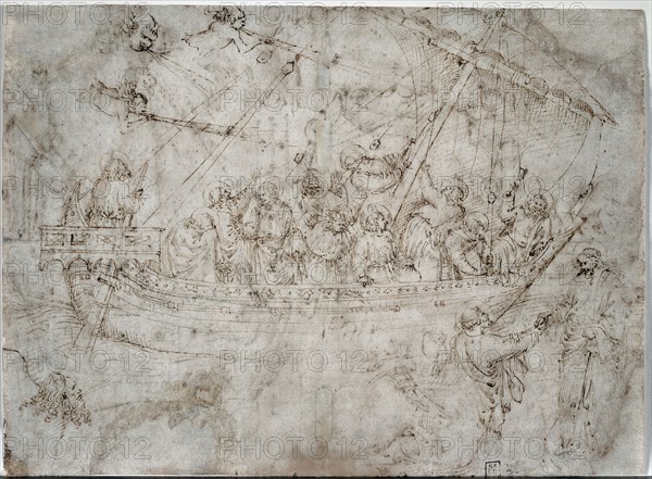 Two Drawings of Ships (verso), 1410s. Parri Spinelli (Italian, 1387-c. 1453). Pen and brown ink (iron gall); sheet: 27.2 x 37.2 cm (10 11/16 x 14 5/8 in.); secondary support: 32.8 x 42.8 cm (12 15/16 x 16 7/8 in.).