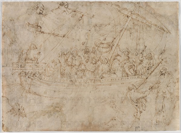 Navicella (recto) Two Drawings of Ships (verso), c. 1410s. Parri Spinelli (Italian, 1387-c. 1453). Pen and brown ink (iron gall); sheet: 27.2 x 37.2 cm (10 11/16 x 14 5/8 in.); secondary support: 32.8 x 42.8 cm (12 15/16 x 16 7/8 in.).