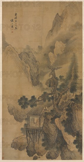 Lonely Retreat Overlooking a Misty Valley, 1630. Sheng Maoye (Chinese, active early 1600s). Hanging scroll, ink and slight color on silk; painting: 181.2 x 93 cm (71 5/16 x 36 5/8 in.); overall with knobs: 256.5 x 121.9 cm (101 x 48 in.).