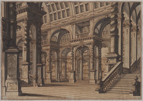 Monumental Vaulted Hall with Staircase, second quarter 18th century?. Giuseppe Galli Bibiena (Italian, 1696-1757). Pen and brown ink and brush and gray wash, with brush and brown wash and traces of yellow gouache; framing lines in brown ink; sheet: 31.6 x 45 cm (12 7/16 x 17 11/16 in.); image: 31 x 44.4 cm (12 3/16 x 17 1/2 in.).