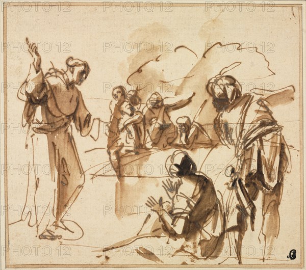 A Monk Preaching, mid 17th century?. Pier Francesco Mola (Italian, 1612-1666). Pen and brown ink (iron gall?) and brush and brown wash; sheet: 19.5 x 21.9 cm (7 11/16 x 8 5/8 in.); secondary support: 23.9 x 26.6 cm (9 7/16 x 10 1/2 in.).