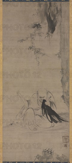 Choyo: Monk Sewing under Morning Sun, c. 1350 or earlier. Kao (Japanese, 1345). Hanging scroll, ink on paper; image: 84.3 x 35.2 cm (33 3/16 x 13 7/8 in.); overall: 168.5 x 47.7 cm (66 5/16 x 18 3/4 in.); with knobs: 168.5 x 52 cm (66 5/16 x 20 1/2 in.).