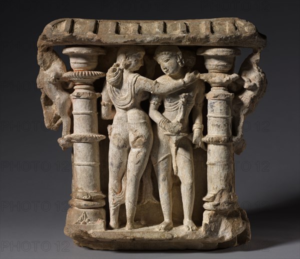Lovers (Mithuna), c. 973. Northwestern India, Rajasthan, Sikar, Harshagiri, Pratihara Dynasty, 10th Century. Sandstonewith limestone wash; overall: 35.3 x 34.3 cm (13 7/8 x 13 1/2 in.).