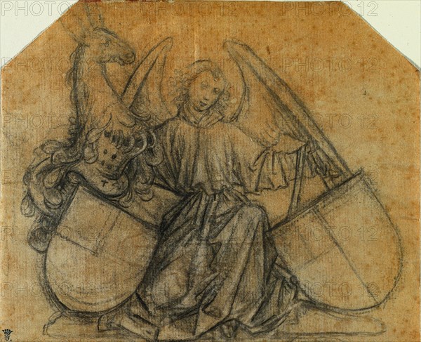 An Angel Supporting Two Escutcheons, c. 1470. Attributed to Nikolaus Gerhaert von Leyden (German). Black chalk or charcoal; framing lines in red pencil and graphite; sheet: 17.3 x 21.2 cm (6 13/16 x 8 3/8 in.).