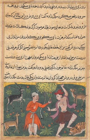 Page from Tales of a Parrot (Tuti-nama): Eighteenth night: The prince meets a carefree dancing darwish whose good fortune he purchases for his ring, c. 1560. India, Mughal, Reign of Akbar, 16th century. Opaque watercolor, ink and gold on paper