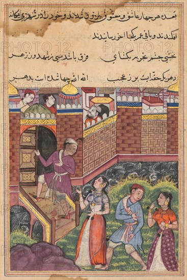 Page from Tales of a Parrot (Tuti-nama): Thirty-third night: The two couples reach a foreign city where they make their home, c. 1560. India, Mughal, Reign of Akbar, 16th century. Opaque watercolor, ink and gold on paper;
