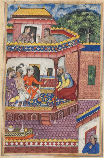 Page from Tales of a Parrot (Tuti-nama): Thirty-fourth night: The three young men present themselves as suitors for the hand of Zuhra, the daughter of the merchant of Kabul, c. 1560. India, Mughal, Reign of Akbar, 16th century. Opaque watercolor and gold on paper