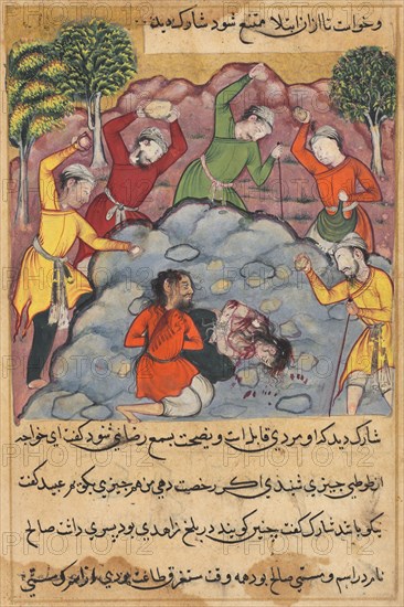 Page from Tales of a Parrot (Tuti-nama): The Raja’s daughter and her lover stoned to death for adultery, c. 1560. India, Mughal, Reign of Akbar, 16th century. Opaque watercolor, ink and gold on paper;