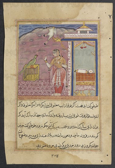 Page from Tales of a Parrot (Tuti-nama): Forty-fourth night: The parrot addresses Khujasta at the beginning of the forty-fourth night, c. 1560. India, Mughal, Reign of Akbar, 16th century. Opaque watercolor, ink and gold on paper;