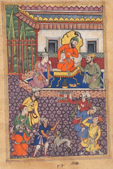 Page from Tales of a Parrot (Tuti-nama): Forty-sixth night: The court of the Raja of Ujjain, c. 1560. India, Mughal, Reign of Akbar, 16th century. Opaque watercolor, ink and gold on paper