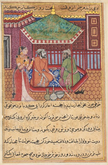 Page from Tales of a Parrot (Tuti-nama): Forty-ninth night: The eldest brother explains the reason for his youthful appearance, c. 1560. India, Mughal, Reign of Akbar, 16th century. Opaque watercolor, ink and gold on paper