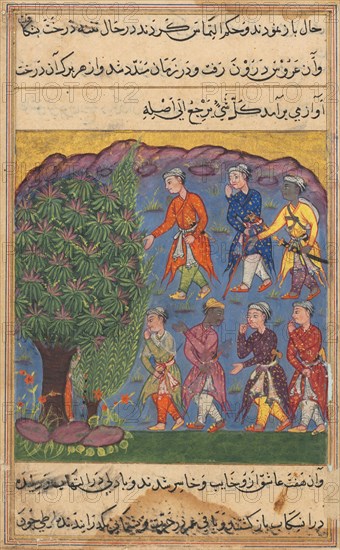 Page from Tales of a Parrot (Tuti-nama): Sixth night: Seven men disputing possession of a woman bring her before the Tree of Justice into which she is absorbed, c. 1560. India, Mughal, Reign of Akbar, 16th century. Opaque watercolor, ink and gold on paper; overall: 20 x 14.3 cm (7 7/8 x 5 5/8 in.).