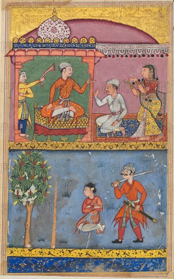 Page from Tales of a Parrot (Tuti-nama): Eighth night: The handmaiden appeals for justice and the prince is taken to the execution site for the fourth time, c. 1560. Tara Chand (Indian). Opaque watercolor and gold on paper; overall: 20 x 14.4 cm (7 7/8 x 5 11/16 in.).
