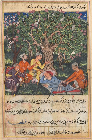 Tales of a Parrot (Tuti-nama): The Twelfth Night: the street cleaner, on his way to meet King Bhojaraja, sleeps under a tree where four thieves disguised as fellow travelers deprive him of a priceless pearl, c. 1560. India, Mughal court, reign of Akbar (1556-1605), 16th century. Opaque watercolor, gold, and ink on paper;