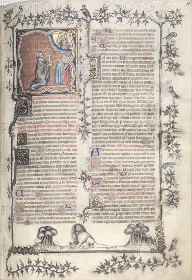 The Gotha Missal:  Fol. 11r, Offering of the Souls;  Bas-de-Page, Lions , c. 1375. And workshop Master of the Boqueteaux (French). Ink, tempera, and gold on vellum; blind-tooled leather binding; codex: 27.1 x 19.5 cm (10 11/16 x 7 11/16 in.).