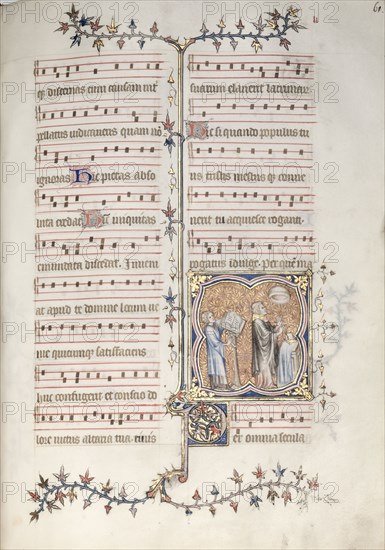 The Gotha Missal:  Fol. 61r, A Priest Singing the Office, c. 1375. And workshop Master of the Boqueteaux (French). Ink, tempera, and gold on vellum; blind-tooled leather binding; codex: 27.1 x 19.5 cm (10 11/16 x 7 11/16 in.).