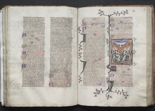 The Gotha Missal:  Fol 79r, The Pentecost, c. 1375. And workshop Master of the Boqueteaux (French). Ink, tempera, and gold on vellum; blind-tooled leather binding; codex: 27.1 x 19.5 cm (10 11/16 x 7 11/16 in.)