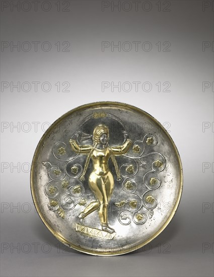 Dish: The Goddess Anahita, 400-600. Iran, Sasanian, 5th-6th Century. Silver gilt; overall: 4.6 x 21.6 cm (1 13/16 x 8 1/2 in.).