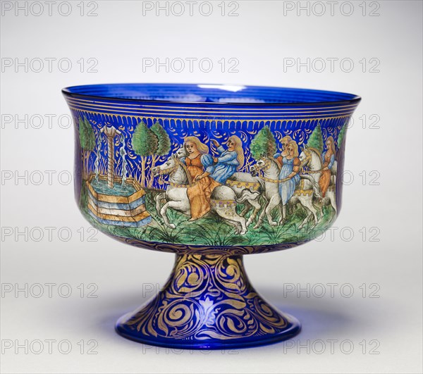 Footed Bowl, 1850-1899. Italy, Venice, 19th century. Glass decorated with polychrome enamel and gilt; overall: 15.9 x 19.4 cm (6 1/4 x 7 5/8 in.).