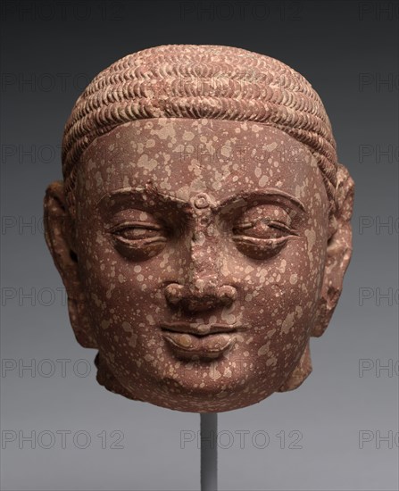 Head of Jina, 3rd quarter of 2nd century. India, Mathura, Kushan Period (1st century-320). Red mottled sandstone; overall: 21.6 x 18.3 cm (8 1/2 x 7 3/16 in.).
