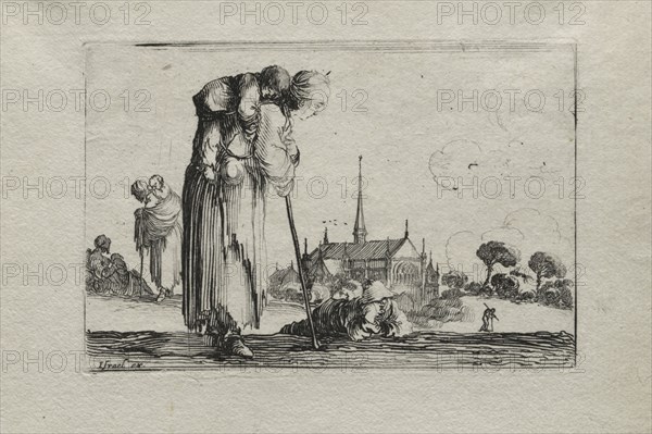 Caprices:  Standing Beggar Woman Carrying a Child on her Back. Stefano Della Bella (Italian, 1610-1664). Etching