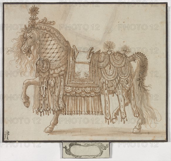 Parade Horse, 1619?. Anonymous. Pen and brown ink and brush and brown wash over graphite; sheet: 27.2 x 32.2 cm (10 11/16 x 12 11/16 in.); secondary support: 31.2 x 33.1 cm (12 5/16 x 13 1/16 in.); tertiary support: 31.2 x 33.1 cm (12 5/16 x 13 1/16 in.).