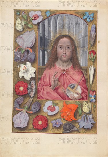 Hours of Queen Isabella the Catholic, Queen of Spain:  Fol. 14v, Salvator Mundi, c. 1495-1500. And associates Master of the First Prayerbook of Maximillian (Flemish, c. 1444-1519). Ink, tempera, and gold on vellum; codex: 22.5 x 15.2 cm (8 7/8 x 6 in.).