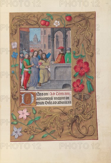 Hours of Queen Isabella the Catholic, Queen of Spain:  Fol. 63r, Christ before Pilate, c. 1500. And associates Master of the First Prayerbook of Maximillian (Flemish, c. 1444-1519). Ink, tempera, and gold on vellum; codex: 22.5 x 15.2 cm (8 7/8 x 6 in.)