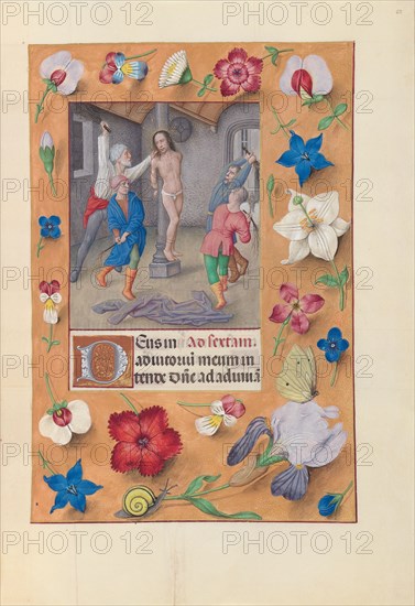 Hours of Queen Isabella the Catholic, Queen of Spain:  Fol. 66r, Flagellation, c. 1495-1500. And associates Master of the First Prayerbook of Maximillian (Flemish, c. 1444-1519). Ink, tempera, and gold on vellum; codex: 22.5 x 15.2 cm (8 7/8 x 6 in.).