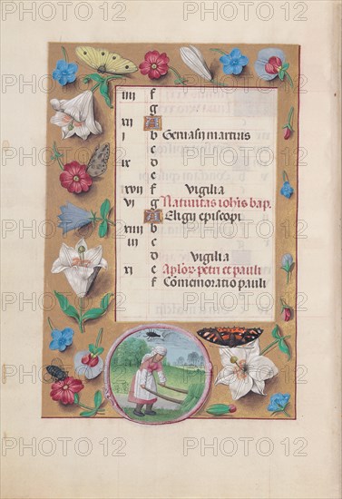 Hours of Queen Isabella the Catholic, Queen of Spain:  Fol. 7v, June, c. 1495-1500. And associates Master of the First Prayerbook of Maximillian (Flemish, c. 1444-1519). Ink, tempera, and gold on vellum; codex: 22.5 x 15.2 cm (8 7/8 x 6 in.).