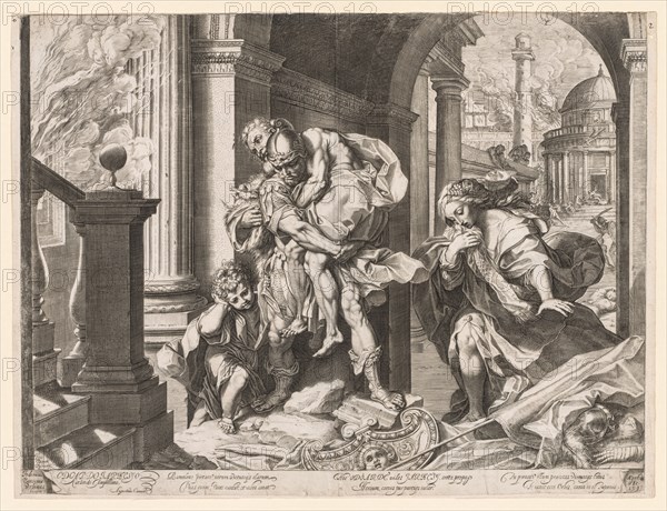 Aeneas and His Family Fleeing Troy, 1595. Agostino Carracci (Italian, 1557-1602), after Federico Barocci (Italian, 1528-1612). Engraving
