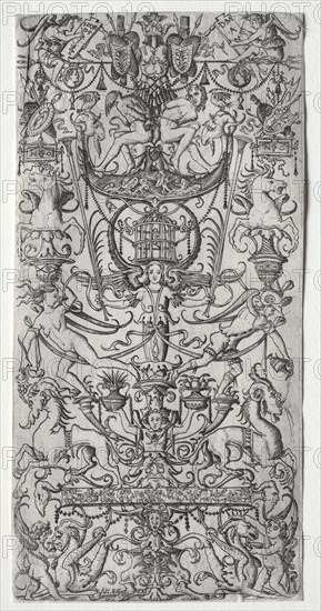 Ornament Panel with a Bird Cage, c. 1500-1512. Nicoletto da Modena (Italian). Engraving; image: 26.2 x 12.9 cm (10 5/16 x 5 1/16 in.)