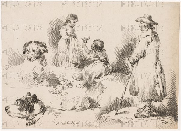 Studies of Children (Two Little Girls); Two Dogs; A Man, 1793. After George Morland (British, 1763-1804), J. Harris, Gerrard Street, Soho, London. Chalk manner etching and engraving; paper: 31.8 x 44.5 cm (12 1/2 x 17 1/2 in.).