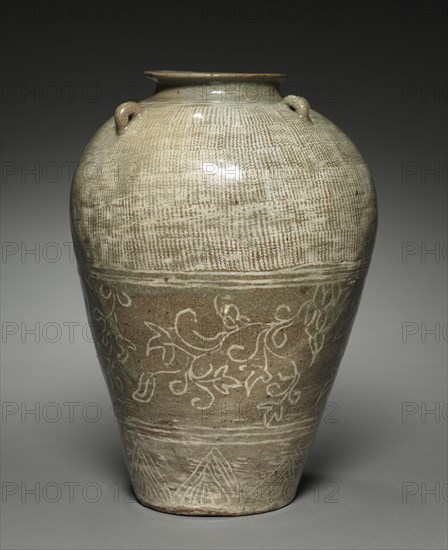 Jar with Scroll Design, 1400s. Korea, Joseon dynasty (1392-1910). Buncheong ware with incised, stamped, and slip-inlaid decoration; overall: 37.6 cm (14 13/16 in.).