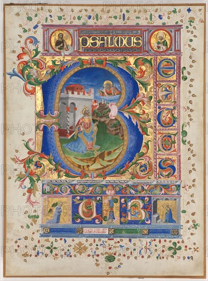 Leaf from a Psalter with Historiated Initial (B): King David, c. 1450. Italy, Florence, 15th century. Ink, tempera, and gold on parchment; sheet: 45.7 x 34.3 cm (18 x 13 1/2 in.)