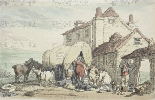 Richardson's Show:  A Flying Wagon, 1816. Thomas Rowlandson (British, 1756-1827). Etching, hand colored