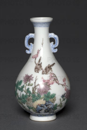 Miniature Vase with Birds and Chrysanthemums, 1736-1795. China, Jiangxi province, Jingdezhen kilns, Qing dynasty (1644-1912), Qianlong mark and reign (1735-1795). Porcelain with famille rose overglaze enamel decoration; diameter of mouth: 2.1 cm (13/16 in.); overall: 9.5 cm (3 3/4 in.).