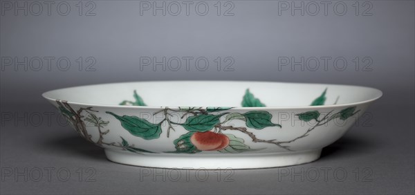 Dish with Bird on Peach Branch, 1662-1722. China, Jiangxi province, Jingdezhen kilns, Qing dynasty (1644-1912), Kangxi mark and reign (1662-1722). Porcelain with famille verte overglaze enamel decoration; diameter: 20.7 cm (8 1/8 in.); vessel: 2.5 cm (1 in.).